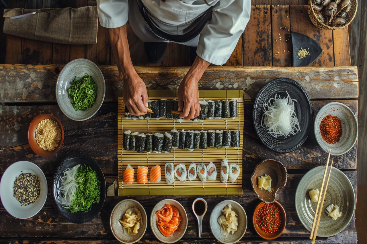 Prezent dla fana sushi: mężczyzna przygotowuje sushi, dookoła na stole stoją talerze ze składnikami